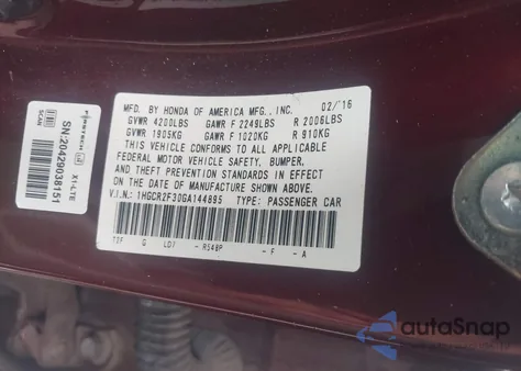 2016 Honda Accord Lx z USA, uszkodzony, nr VIN 1HGCR2F30GA144895